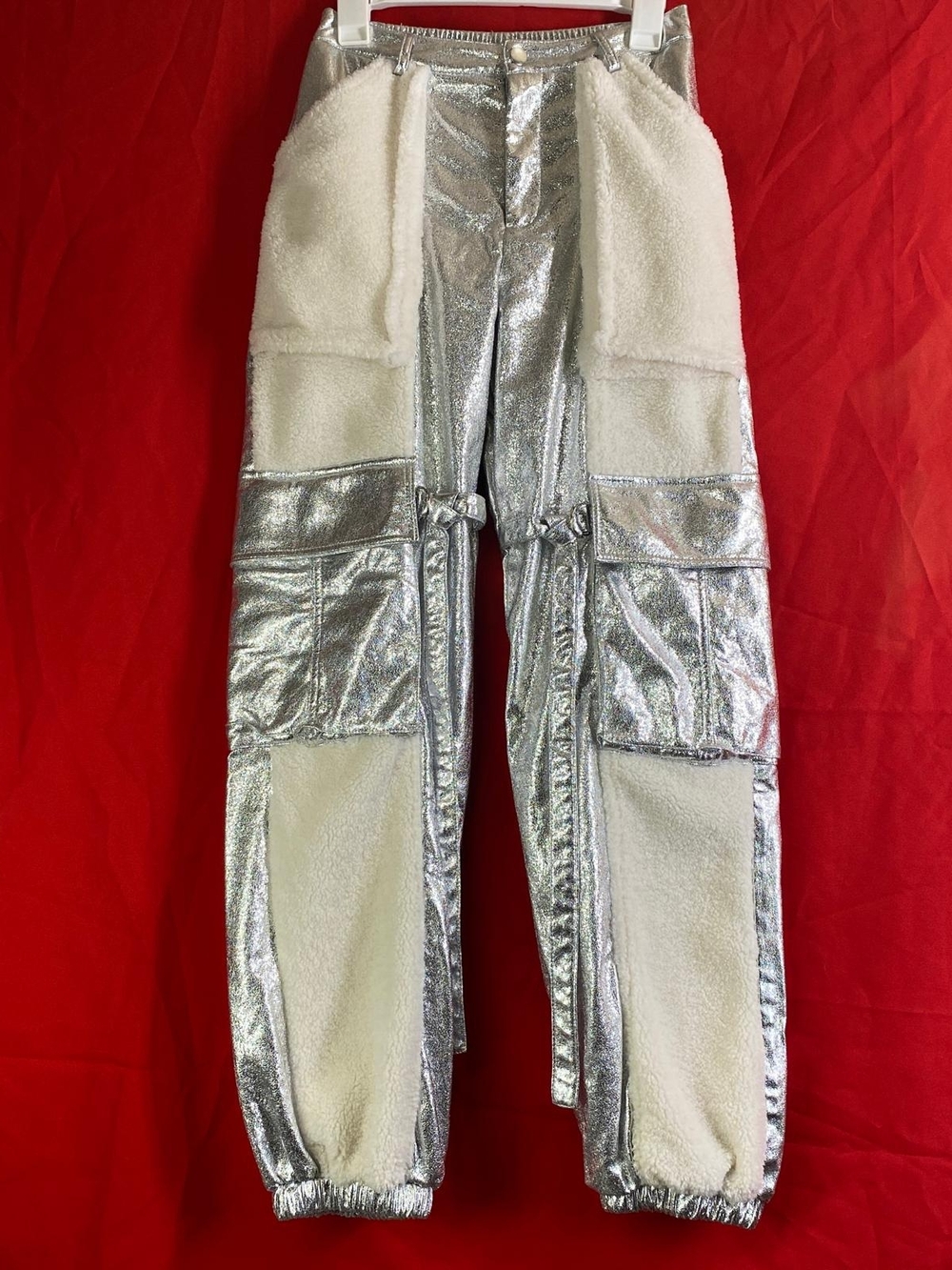 Hot & Delicious Silver Metallic Jogger Pants with Cream Sherpa Panels M